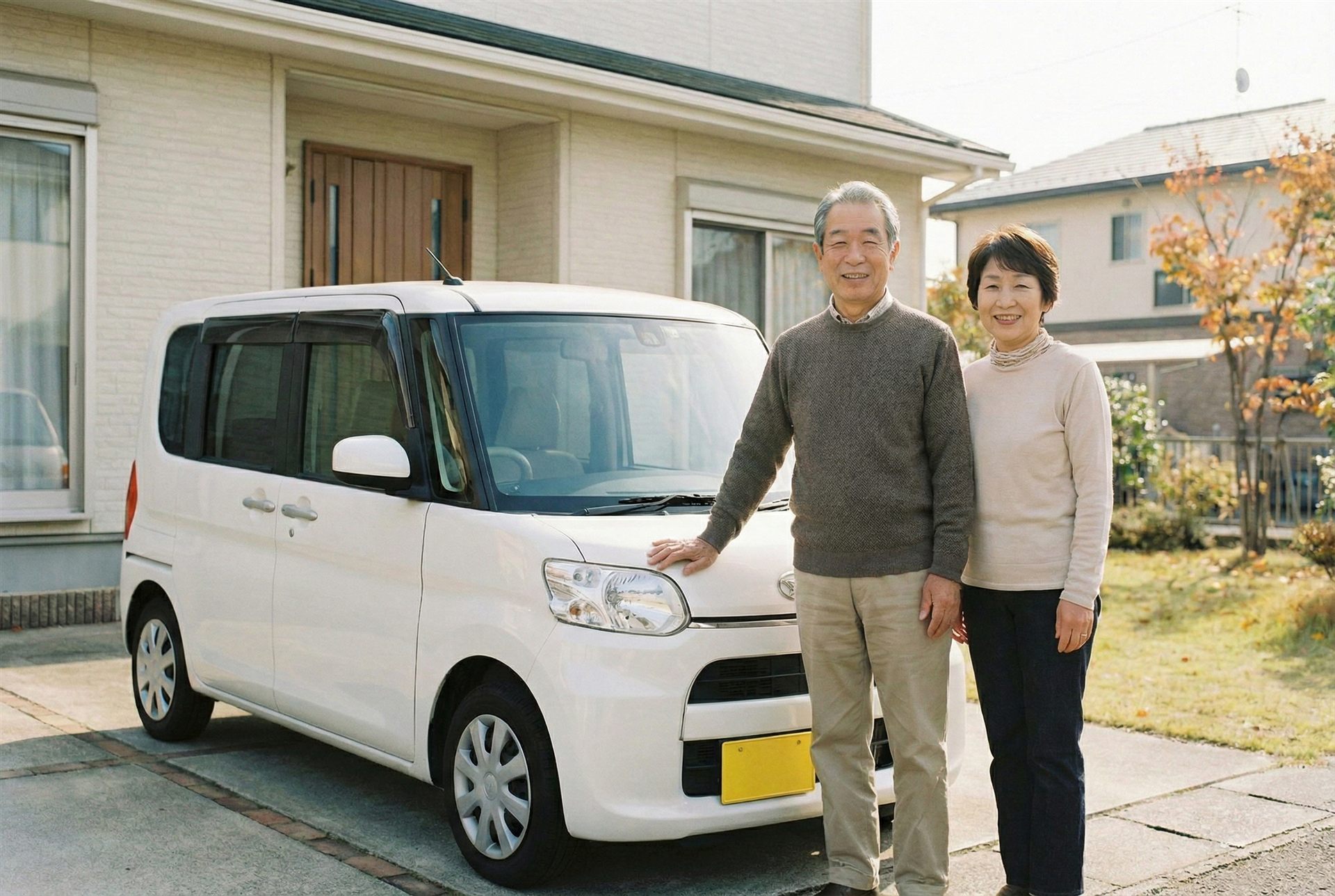自宅の前で車とともに笑顔を見せるご夫婦